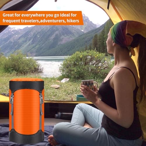 Risipu Compression Stuff Sack, 8L/15L/25L/35L/52L Sleeping Bag Compression Sack Great for Compression Bag Waterproof Outdoor Storage Bag for Backpacking, Traveling,Hiking and Camping (Orange, L) — view 5