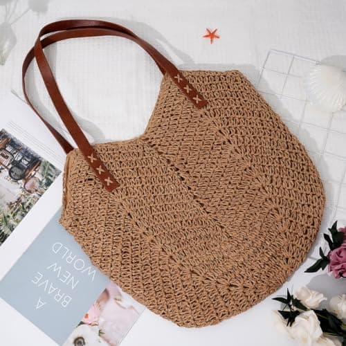 Straw Beach Bag for Women, Summer Straw Tote Bag Handbag with Zip Leather Handles, Retro Handmade Boho Casual Woven Travel Holiday Shoulder Bags for Beach Vacation Outdoor Shopping Daily Use (Coffee) — view 4