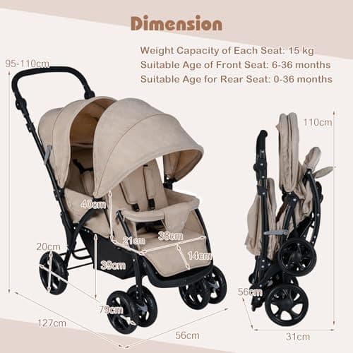 COSTWAY Double Pushchair, Foldable Twin Tandem Stroller with Adjustable Backrest, Push Handle & Footrest, 5 Points Safety Belts, Sunshade, Storage Basket, for from Birth to 15kg (Khaki) — view 5