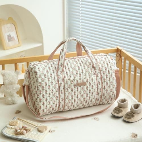 GSenhui Quilted Duffle Bag for Women Cute Baby Hospital Bag Floral Duffel Bags (Cream Vertical Floral) — view 2