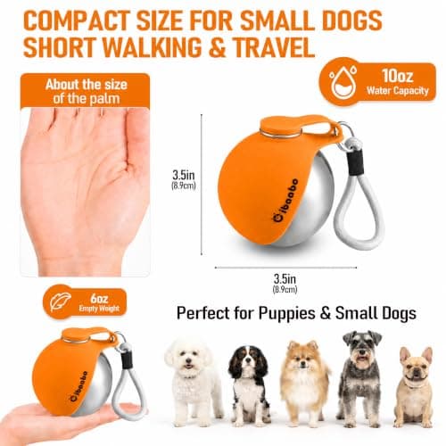 2 in 1 Portable Dog Water Bottle, Stainless Steel Pet Water Dispenser with Foldable Silicone Bowl for Walks Hiking & Travel, 285ML Pet Water Bottle for Small Dogs, Orange — view 2