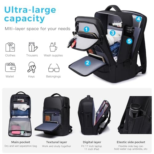TANGCORLE Travel Backpack for Men, 17.3 Inches Business Laptop Backpack Water-Resistant Carry on Airline Approved 18x14x8 Luggage Weekender Backpack with USB Charger Port — view 2