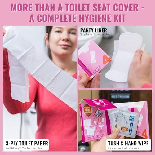 The Restroom Kit Plus: All-in-One Hygiene Travel Kit for Women, 12-Pack with Panty Liner, Patented Seat Cover, 3-Ply Toilet Paper, and Wipes — view 4