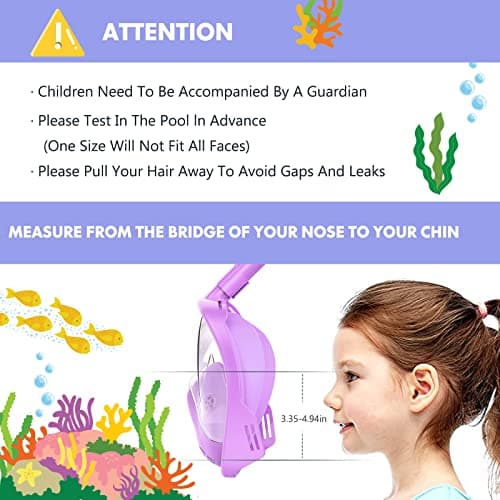 Kids Snorkel Mask Full Face, Snorkeling Gear for Kids 3-14 with Camera Mount, 180 Degree Panoramic View Snorkeling Set Anti-Fog Anti-Leak (Blue+Purple) — view 6
