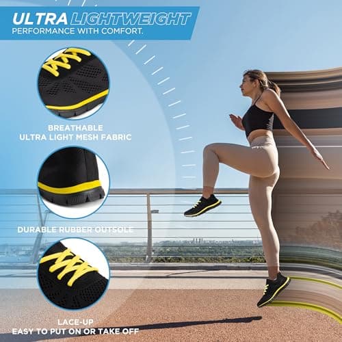 Get Fit Women’s Lightweight Trainers - Breathable Mesh Gym Walking Shoes - Comfortable Lace-Up Fitness Sneakers, Flexible Non-Slip Sole - Black/Yellow - UK5/EU38 — view 4