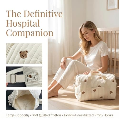Hospital Bag , Diaper Baby Changing Bags for Mum , Travel Organiser Maternity Essentials Diapers Nappy Change Women Mommy Labor Delivery Large Pregnancy Duffle Cotton Tote Quilted Bag mit Pram Hooks — view 2