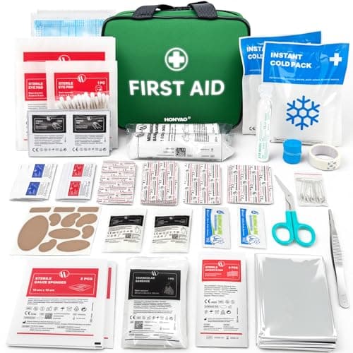 HONYAO First Aid Kit 180 Pcs, Premium Medical Kit for Home Car Workplace Travel Camping Sports Kids, Includes Eyewash, 2 x Instant Cold Packs, 2 x Burn Gel, Emergency Blanket, Plasters, Green