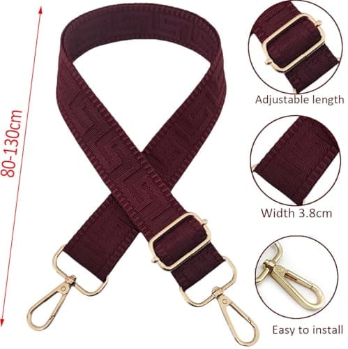 Adjustable Shoulder Strap for Bags Dark Burgundy Red, Bag Straps for Changing, Bag Strap Wide with Carabiner Gold, 80-130 cm Shoulder Strap Bag for Women, Shoulder Strap, Handbag, 3.8 cm, 1325 — view 2