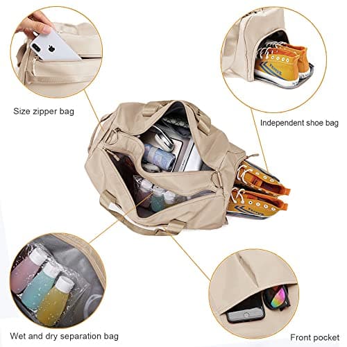 Gym Bag for Women and Men, Travel Duffel Bag for Sports and Weekend Getaway, Waterproof Dufflebag with Shoe and Wet Clothes Compartments, Beige — view 3