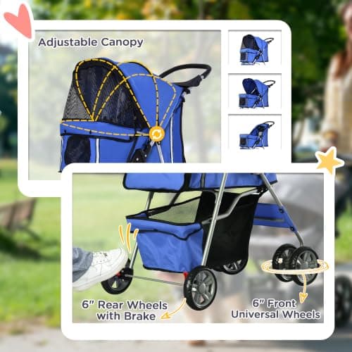 PawHut Pet Stroller for Small Dogs Cats Foldable Travel Carriage with Wheels Zipper Entry Cup Holder Storage Basket Blue — view 6