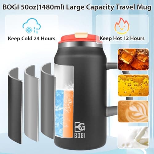 BOGI 50oz Tumbler with Straw and Lid,Large Capacity Travel Mug with Handle Insulated Stainless Steel Water Bottle Cup Keep Cold and Hot for Tea Coffee, Leak-Proof, BPA-Free, Non-Slip | Black — view 3