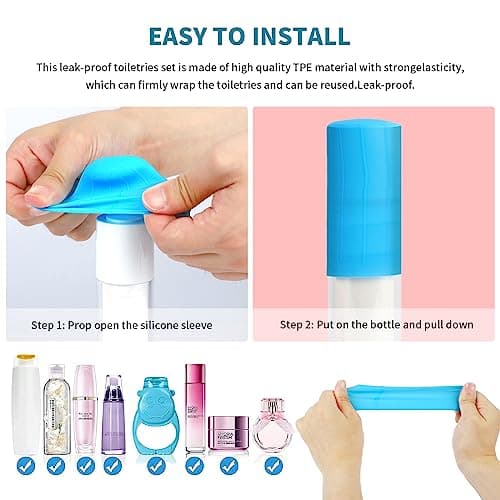 Runmeihe 8PCS Elastic Sleeves for Leak Proofing, Reusable Silicone Locks Proof Bottle Covers in Luggage Toiletry Container, Silicone Sleeve Covers for Travel Toiletries Accessory — view 4