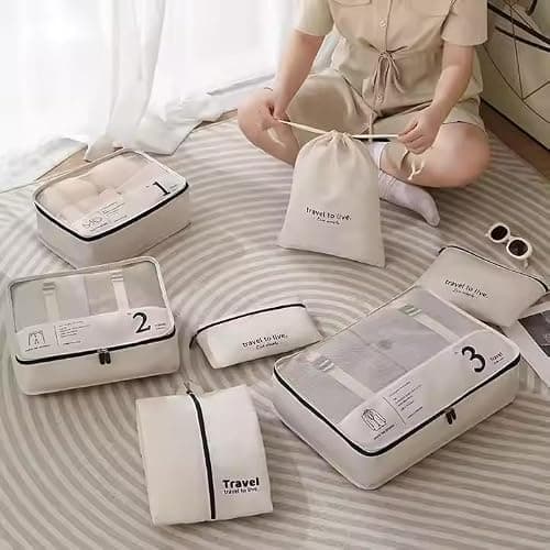 7 Piece Packing Cubes Set for Suitcases | Luxury Travel Organiser Bags | Compression Luggage Cubes with Shoe Bag & Pouches | Beige | Brand New — view 3