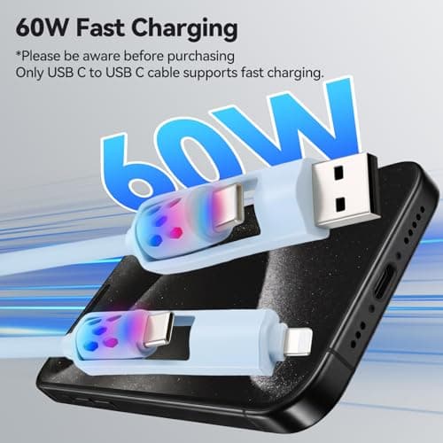 aceyoon 4 in 1 Colorful Charging Cable, 60W Fast Charge Multi Charger Cable with RGB LED Light, USBA/TypeC to TypeC/Lighting Charging Cord for iPhone, Samsung, MacBook Tablets, Laptop — view 3