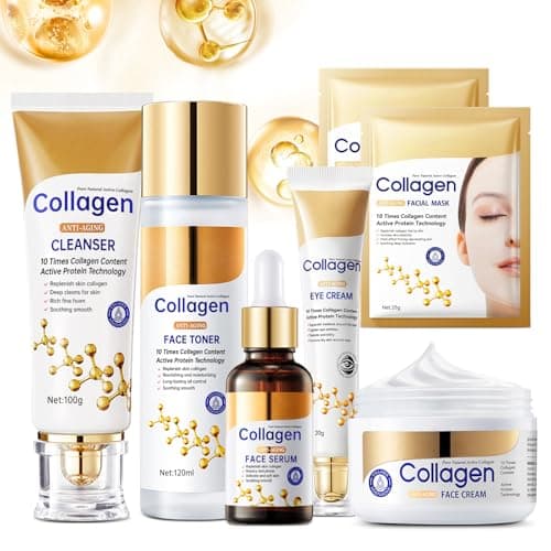 Collagen Skin Care Set, Anti Aging Skincare Set for Wrinkles & Fine Lines, Shrink Pores, Hydrate & Firm Skin, 7 Pcs Skincare Kits for Women with Cleanser, Toner, Serum, Cream, Eye Cream, 2 Pcs Masks.
