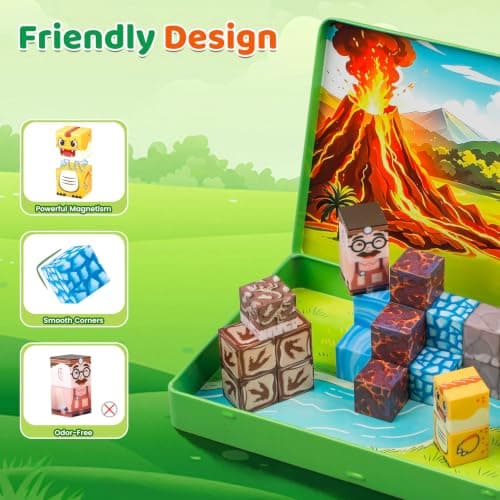 DQMOON Magnetic Building Blocks for Kids, 52PCS Dinosaur Toys for Boys Girls Ages 3-8, Travel Magnet Cube Set with Metal Storage Box, Montessori STEM Learning Toys Birthday Gifts Xmas Stocking Fillers — view 3