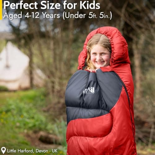 Trail Kids Sleeping Bag Mummy Shape 3 Season Camping 300gsm Boys Girls with Lightweight Rucksack Bag (Red) — view 2