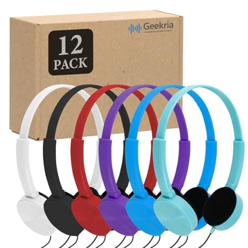 GEEKRIA 12 Pack Wired Classroom Headphones, Adjustable On-Ear Headsets for Students, School, Library, Computer Lab & Testing Centers, Bulk Pack (Circle Earcups)