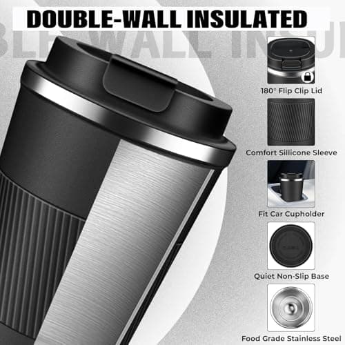 SHENGRUI Travel Mugs, Coffee to go Mug 380ml Insulated Coffee Cup with Leakproof Lid,Reusable Double Walled Coffee Mug,Stainless Steel Thermal Cup for Hot Cold Drinks (Black,380ml) — view 5