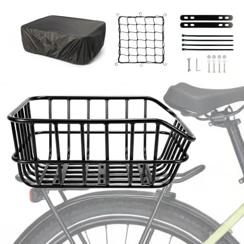 HopesEager Rear Bicycle Basket with Rain Cover, Luggage Net, Large Metal Bicycle Basket at the Back, Robust Rear Bicycle Basket for Most Bicycles and E-Bikes
