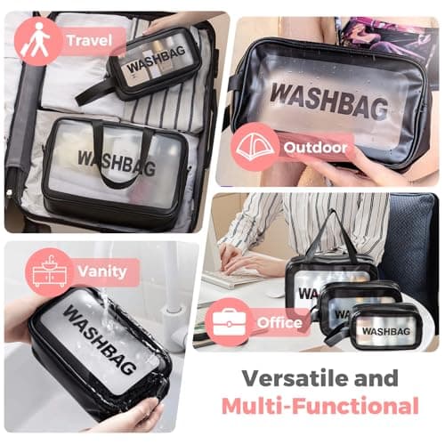 Woobroo Clear Travel Toiletries Bag for Women, 3 Pack Toiletry Bags with Zippers Travel Essentials PVC Waterproof Cosmetic Clear Wash Bag for Girls, Black — view 6