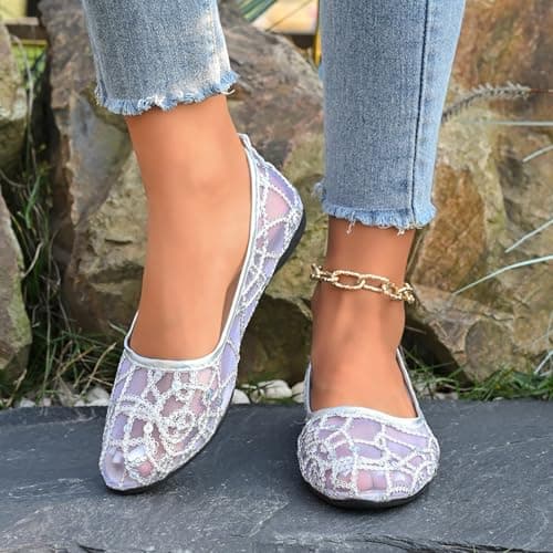 Mesh Ballet Flats for Women Pumps Orthopedic Sequins Dolly Shoes Wide Fit Round-Toe Non-Slip Breathable Summer Ladies Shoes Walking Office Holiday (Silver 6 UK/Foot Length 25cm) — view 3