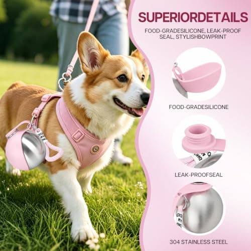 Foldable 2 in 1 Portable Dog Water Bottle, 285ml/10oz Stainless Steel Dog Travel Water Bottle, Leak-Resistant Travel Pet Water Dispenser with Foldable Silicone Bowl for Walking, Camping(pink) — view 3