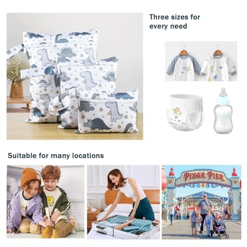 KASESSS 3 Pcs Dinosaur Pattern Nappy Bags, Waterproof Wet Dry Bags, Travel Laundry Bag, Wet Bag for Swimming with Zip, Reusable Organiser Nappy Pouch for Baby Items for Camping Swimming Travel Beach — view 5