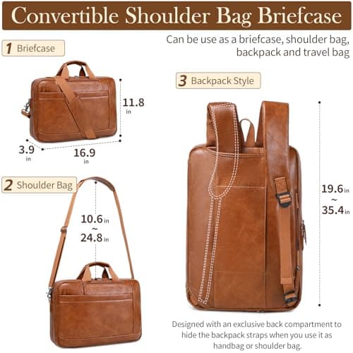 Stuery Faux Leather Messenger Bag for Men: 17.3 Inch Laptop Bag Briefcasen Convertible Backpack 3 in 1 Computer Handbags Work Bag Shoulder Crossbody Bags Office, Vintage Brown — view 3