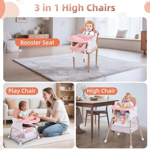 High Chairs for Babies and Toddlers, Adjustable Convertible 3 in 1 Baby High Chair, Portable Compact Baby Infant Feeding Chair Travel Highchair Booster for Toddler, from 6 Month to 3 Years Pink — view 3