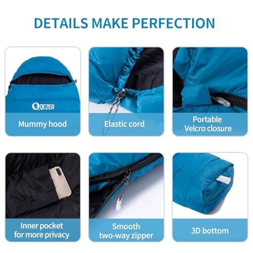 QEZER Down Sleeping Bag,650FP-RDS,Only 820 g, Lightweight Sleeping Bag, Small Pack Size for 3 Seasons, Camping, Trekking and Hiking — view 6