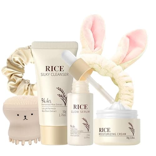 6PCS Rice Skin Care Sets & Kits, Korean Skincare Set-Facial Cleansing Brush & Cleanser, Serum, Face Cream, Hair Band&Tie, Complete Pamper Gifts for Women,Travel Skincare Set for Women Teenage Girls