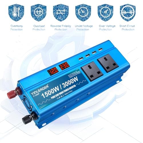 Yinleader Pure Sine Wave Power Inverter 1500W /3000W DC 12v to 240v to AC Voltage Converter With Dual UK Sokets 4 USB Ports LED Voltage Display for Car Camping Caravan Travel — view 4
