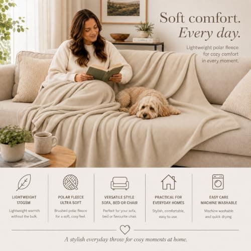 Adore Home Soft Warm Polar Fleece Blanket Large - Cosy Throw for Sofa, Bed, Travel, Car and Camping, 200x240cm, Natural — view 4
