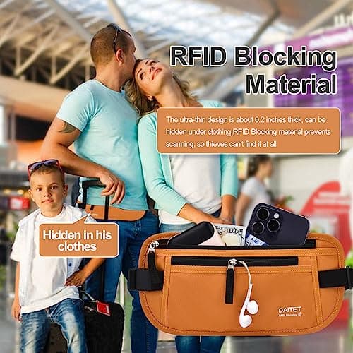 RFID Blocking Money Belt for Men Women, Slim Fanny Pack for Travel，Running,Conceal Waist Wallet for Passport Holder,Phone,Cash(Brown Orange) — view 2