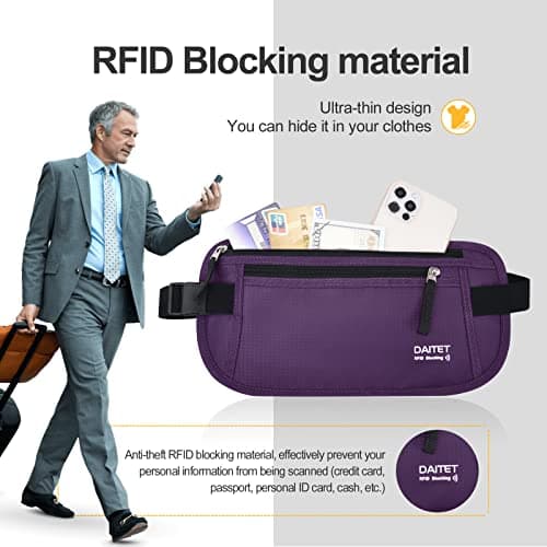 RFID Blocking Money Belt for Men Women, Slim Fanny Pack for Travel，Running,Conceal Waist Wallet for Passport Holder,Phone,Cash(Dark Purple) — view 3
