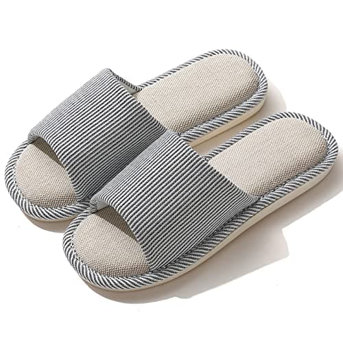 JIJIe Slippers for Women Men Linen Slippers Open Toe House Shoes Summer Sandals for Indoor Outdoor Bedroom (Navy Blue 44/45)
