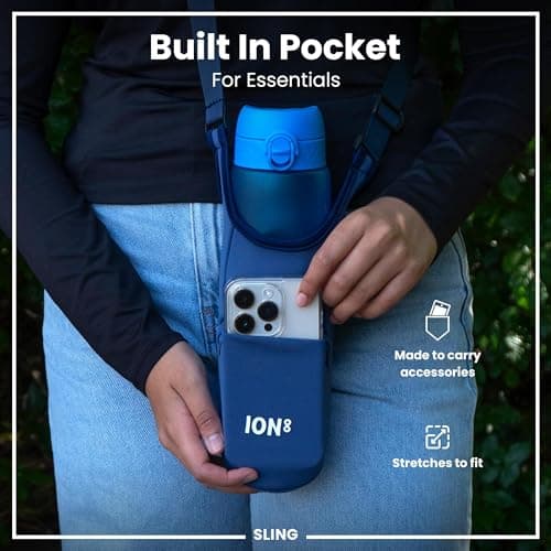 Ion8 Sling Bag – Foldable, Lightweight Water Bottle Holder & Carrier with Pocket, Adjustable Strap & Hook – Machine Washable, Fits 1L Bottle – Travel-Friendly & Easy to Clean Hydration Pouch, Navy — view 6