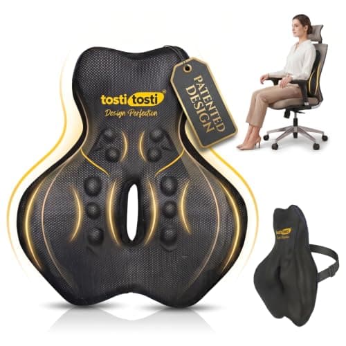 TostiTosti Patented Lumbar Support Cushion for Office Chair & Car | Odour-Resistant Activated Charcoal Memory Foam Back Pillow with Adjustable Strap, Non-Slip Base, Removable Cover & Carry Bag