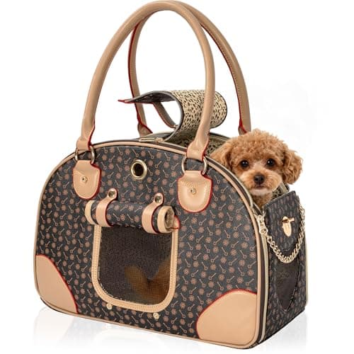 FREEAMG Dog Purse Carrier, water-resistant PU Leather Pet Travel Bag, Brown