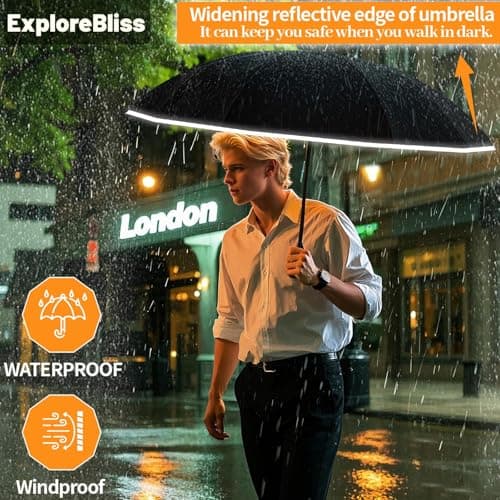 ExploreBliss Travel Umbrella Superior, Beautiful & Compact, Large Strong but Light Portable and Automatic Folding Rain Umbrella, Premium Grip, Fits Car & Backpack, Black, 46inch, Compact — view 2