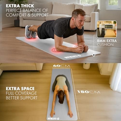 KAYMAN Yoga & Exercise Mat with Carry Strap, Large Non-Slip Comfortable Training & Workout Floor Mats for Home or Outdoor, Gym, Pilates, Gymnastics, HiiT, Stretching & Meditation (Grey) — view 2
