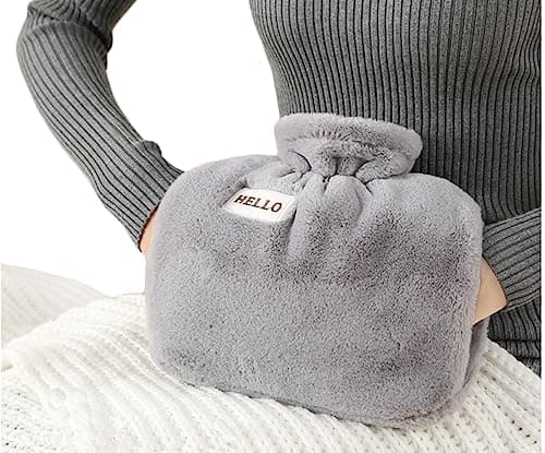 iEasey Hot Water Bottle with Fleece Cover UK 1.2L Winter Hand Warmer Muff Fluffy Rubber Hot Water Bag Massaging Hot Cold Therapy for Pain Relief, Neck and Shoulders, Menstrual Cramps, Feet Warmer