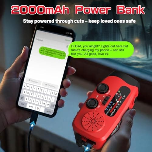 Wind Up Solar Radio, Emergency Radio, Portable Hand Crank Radio, AM/FM Radio with LED Torch, 7400mWh Rechargeable Power Bank, SOS Alarm, USB Phone Charger, Emergency Use for Camping Hiking (Red) — view 2