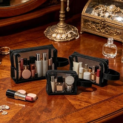Mesh Makeup Bags With Zipper Portable Travel Accessories Set Of 3, Black — view 3