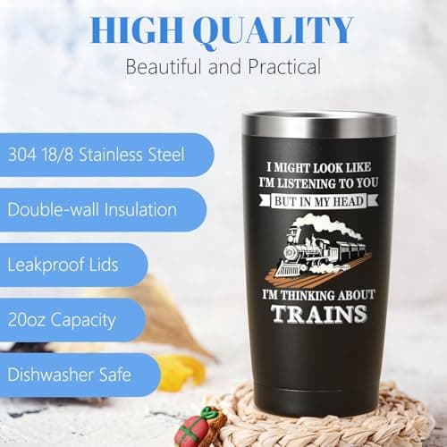 Livole Train Gifts for Men, Him, Dad, Christmas Gifts for Train Enthusiasts, Novelty Mens Present for Birthday, In My Head I'm Thinking about Trains, 20oz 600ml Double Walled Travel Coffee Tumbler Mug — view 2