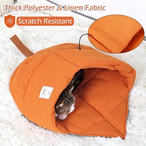 TANGN Cat Sleeping Bag, Linen Fabric Bed Cave Leaf Nest Pet Cuddle Zone Covered Hide Hood Burrowing Cozy Soft Durable Washable with Non-Slip Bottom for Indoor Puppy and Kitten (Orange) — view 5