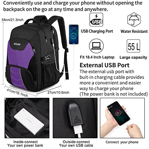 Extra Large Backpack for Women 55L,18.4Inch Travel Laptop Rucksack with USB Charging Port Big Business Carry On Backpack,TSA Flight Approved Heavy Duty Computer Bag College School Bookbag,Purple — view 2