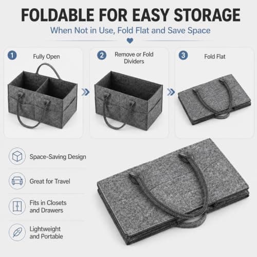 PandaEar Baby Diaper Caddy Organiser - Large Felt Nursery Storage Bin for Nappies & Wipes - Portable Car Travel Basket with 3 Adjustable Compartments & 5 External Pockets - Dark Grey — view 5