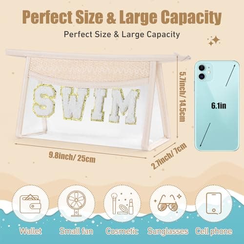 Etercycle Boho Patch Makeup Bag, Clear PVC Travel Toiletry Bag Waterproof Beach Bags for Women, Small Chenille Letter Bag with Zipper for Beach Travel Essentials (Swim) — view 2